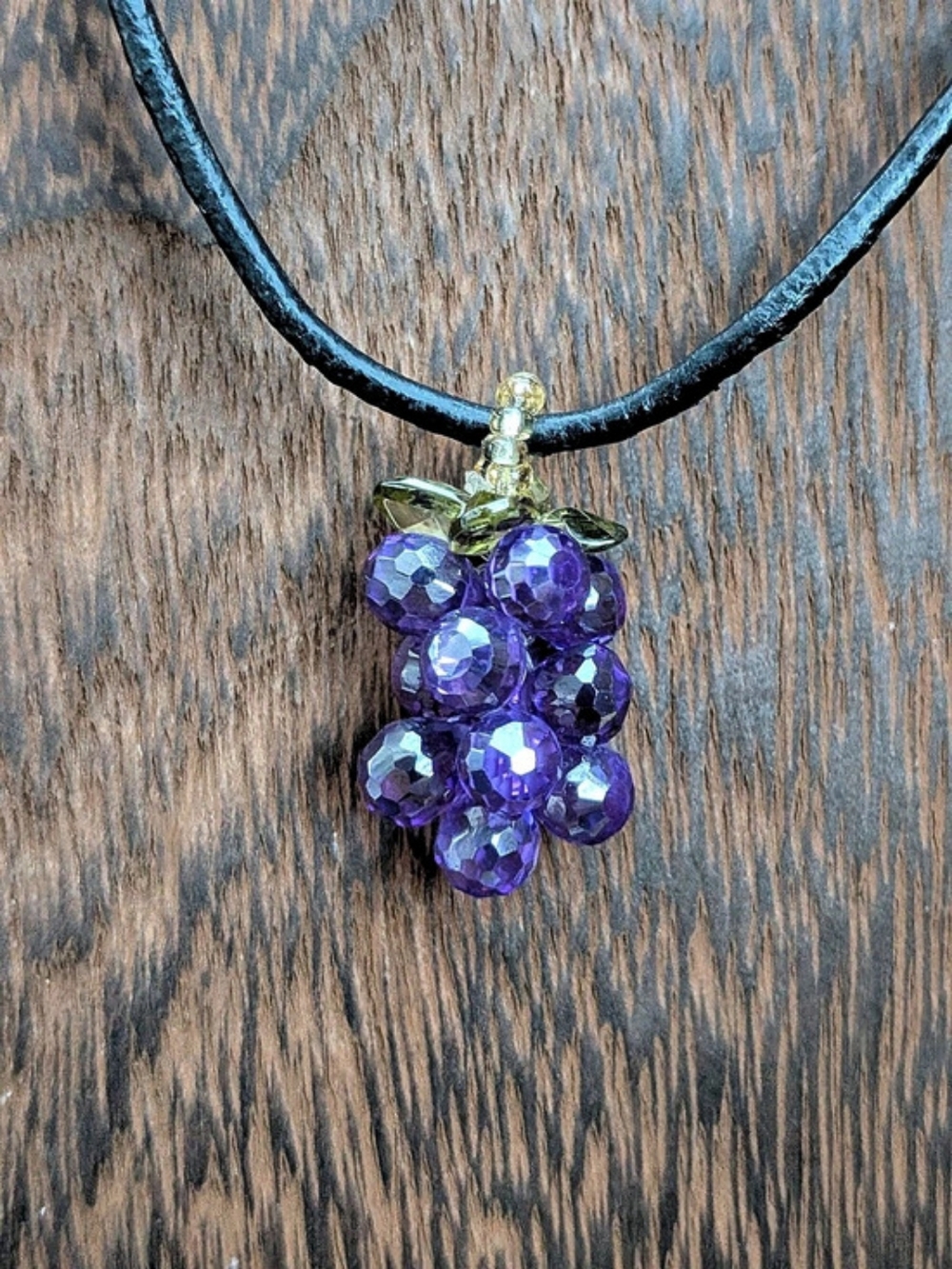 Vintage Handcrafted Beaded Grape Cluster Pendant Necklace Black Leather Cord